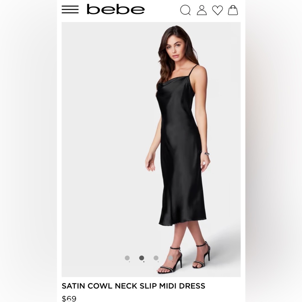 BEBE Size small Black SATIN COWL NECK SLIP MIDI DRESS